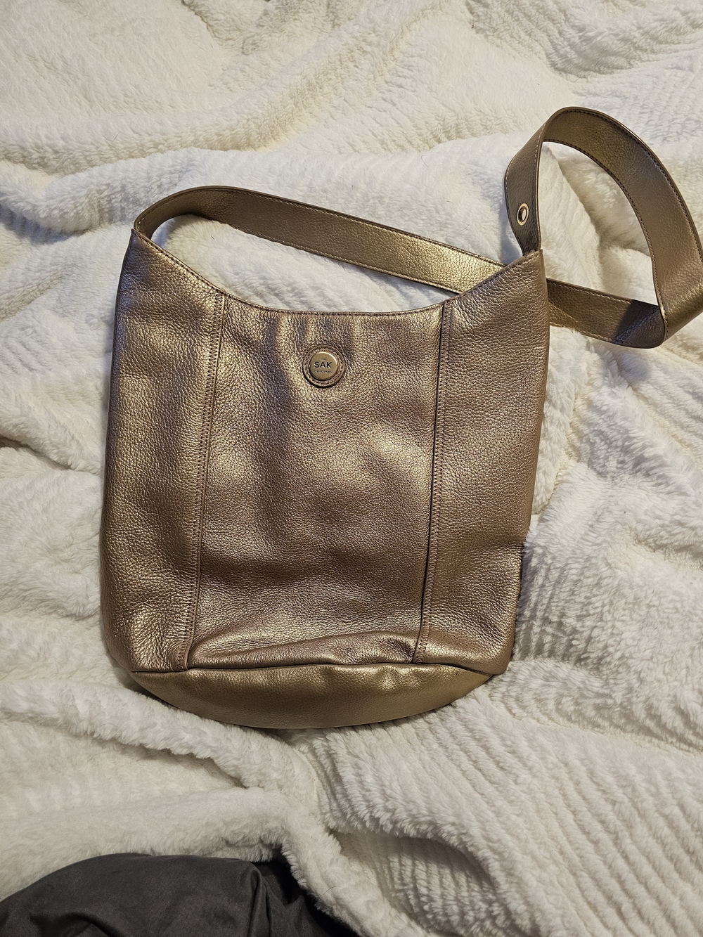 The Sak Originals Metallic Gold Shimmer Pebbled Leather Crossbody Hobo Bag Charm